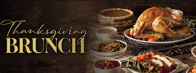 Thanksgiving Brunch graphic with a turkey, plate and pie. 